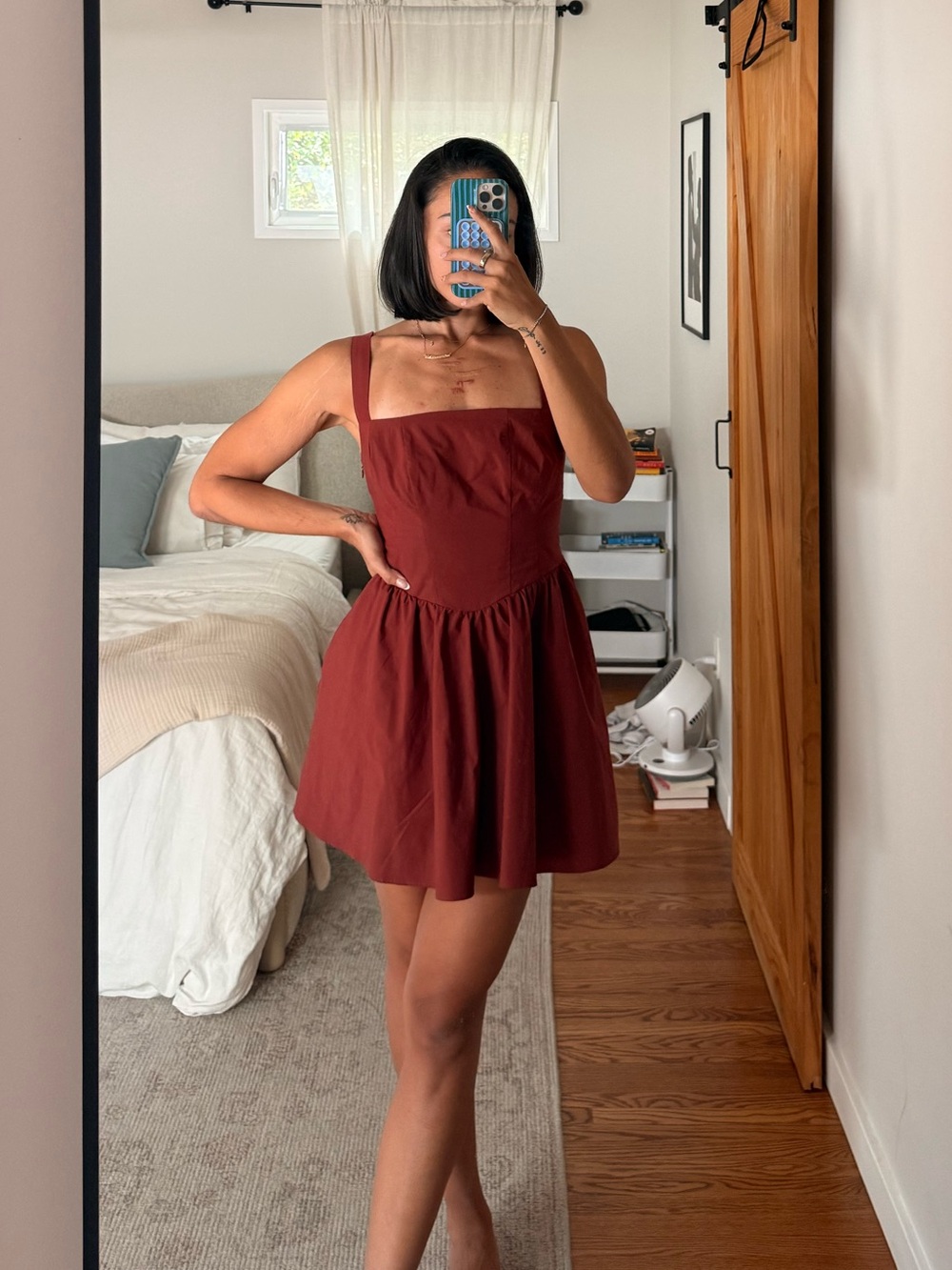 Free People Rust Red Square Neck Mini Dress